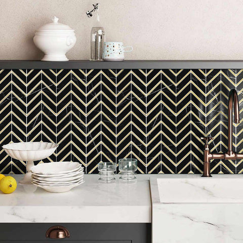 Golden Ebony Black and Gold Chevron Wall Mosaic Tile Sheet in Kitchen