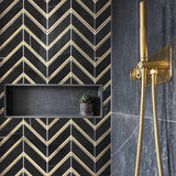 Golden Ebony Black and Gold Chevron Wall Mosaic Tile Sheet in Shower