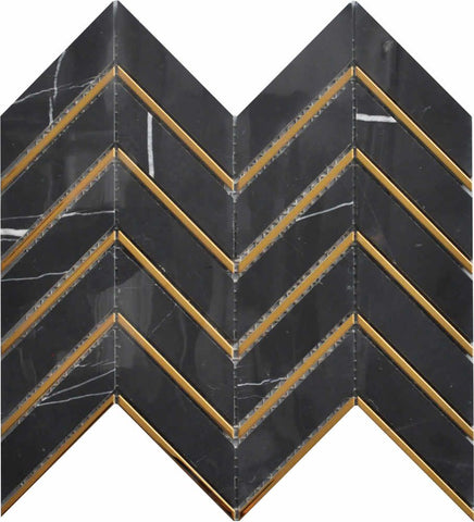 Golden Ebony Black and Gold Chevron Wall Mosaic Tile Sheet Design