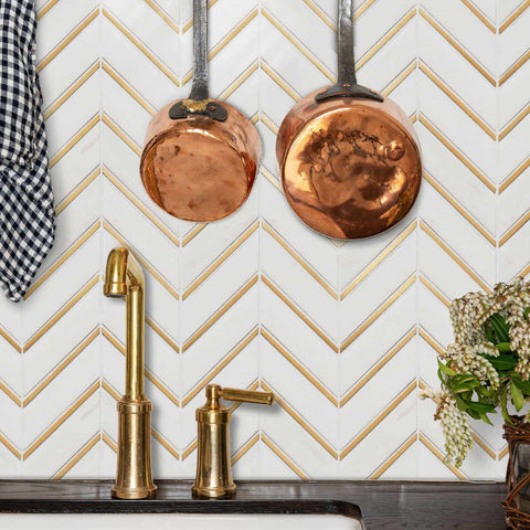 White and Gold Chevron Marble Mosaic Sheet Tile in Kitchen