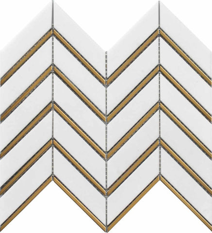 White and Gold Chevron Marble Mosaic Sheet Tile Design 1