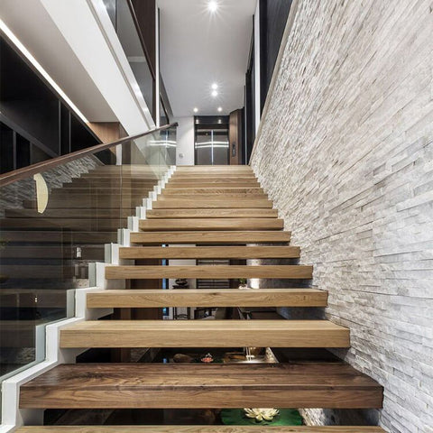 Sparkle White Real Marble Split Face Wall Tiles by Staircase