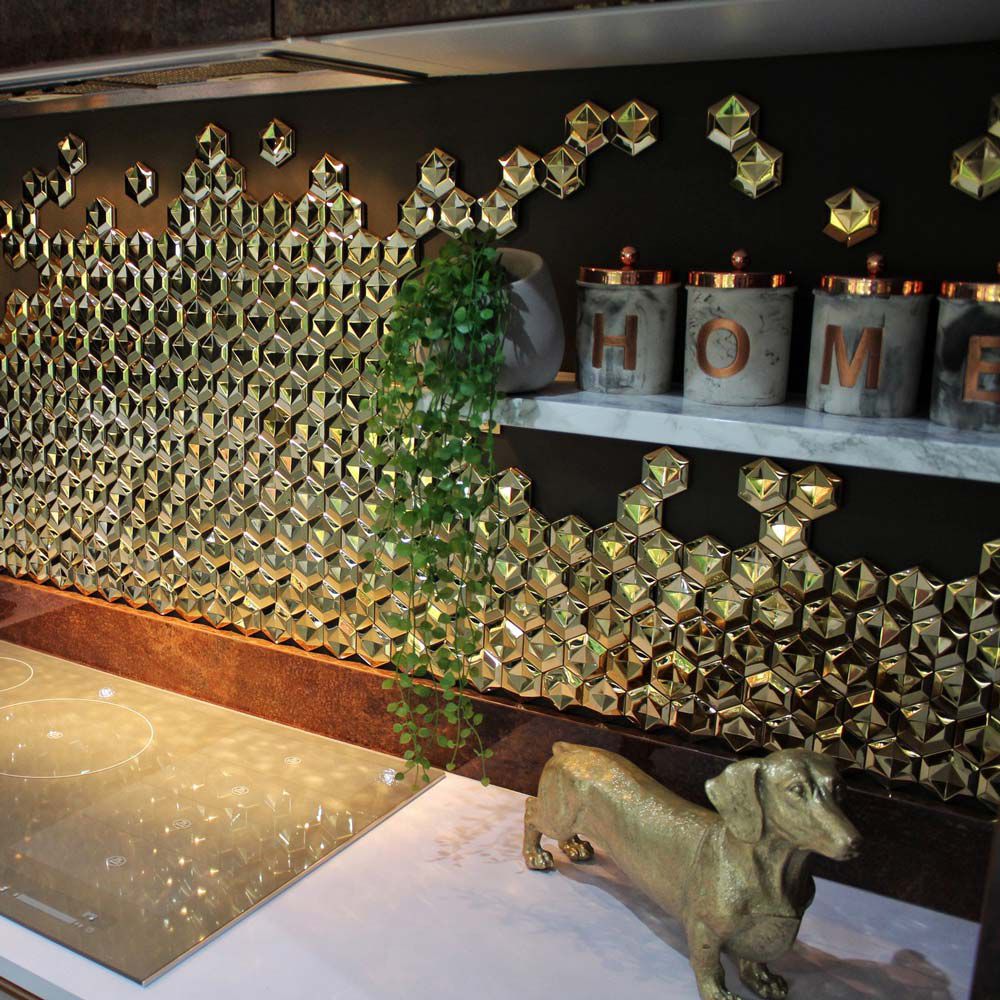 Gold Hexagon 3D Mosaic Sheet Tile in Kitchen Close Up