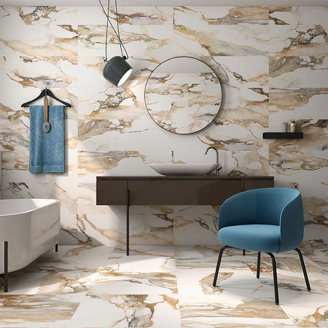 Orca Ash Matt White and Gold Marble Effect Tiles in Bathroom