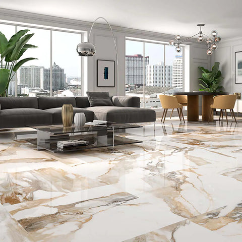 Orca Ash White and Gold Marble Effect Floor and Wall Tiles in Living Room