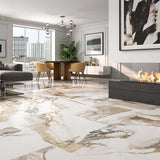 Orca Ash White and Gold Marble Effect Tiles in Living Room Close UP