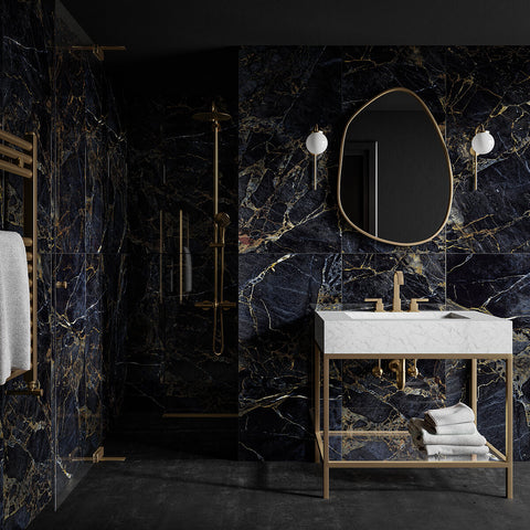Alantic Gold Deep Blue XL 1200x600mm Marble Effect Polished Porcelain Wall and Floor Tile in Bathoom