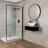 Alixa Minx Brown Stone Effect Ceramic 900x300mm Wall Tile in Bathroom with Black Accent Shower and Sink and Brown Wood Effect Floor Tiles