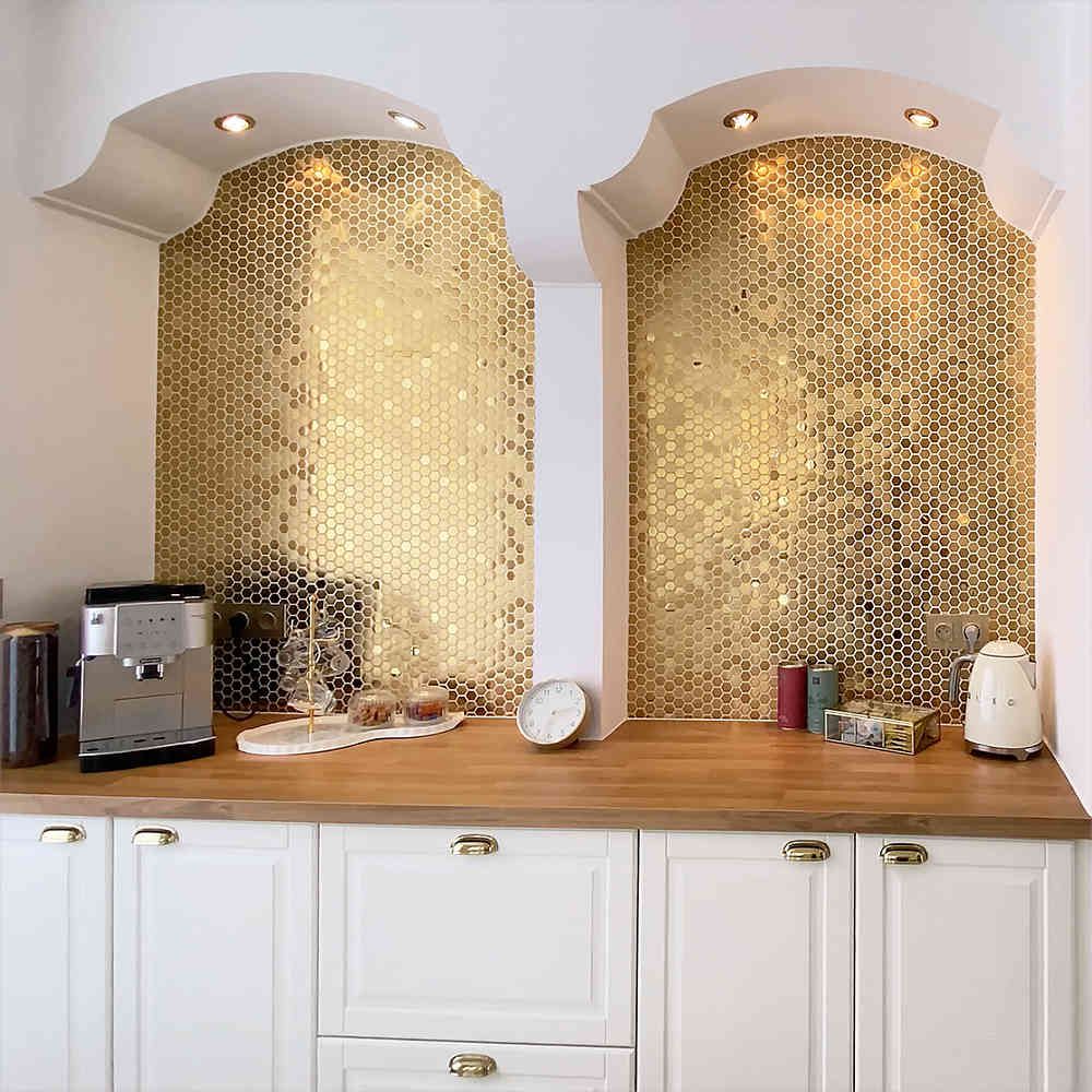 Allure Gold Hexagon Mosaic Wall Tile on Kitchen Wall as Feature Wall Splash Back