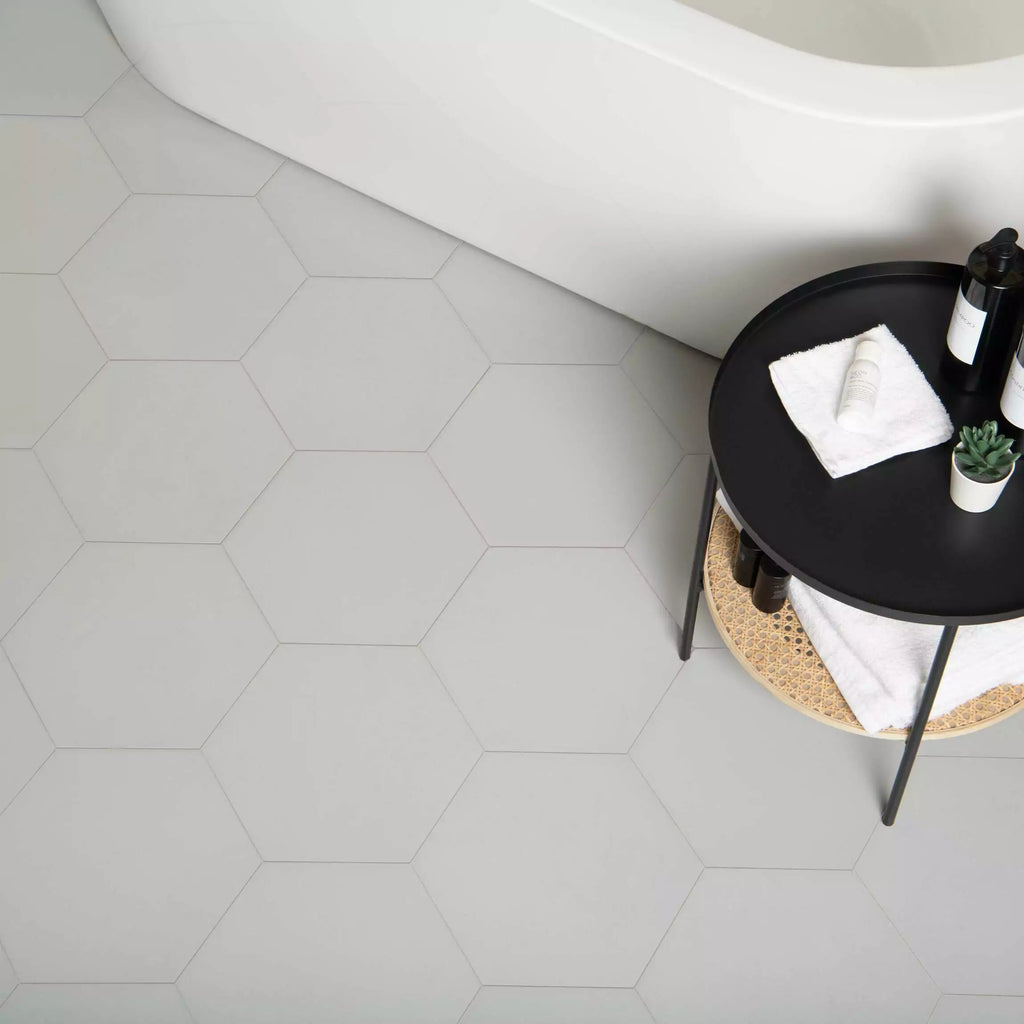 Amsterdam Hexagon Matt Grey Porcelain Wall and Floor Tile on Bathroom Floor