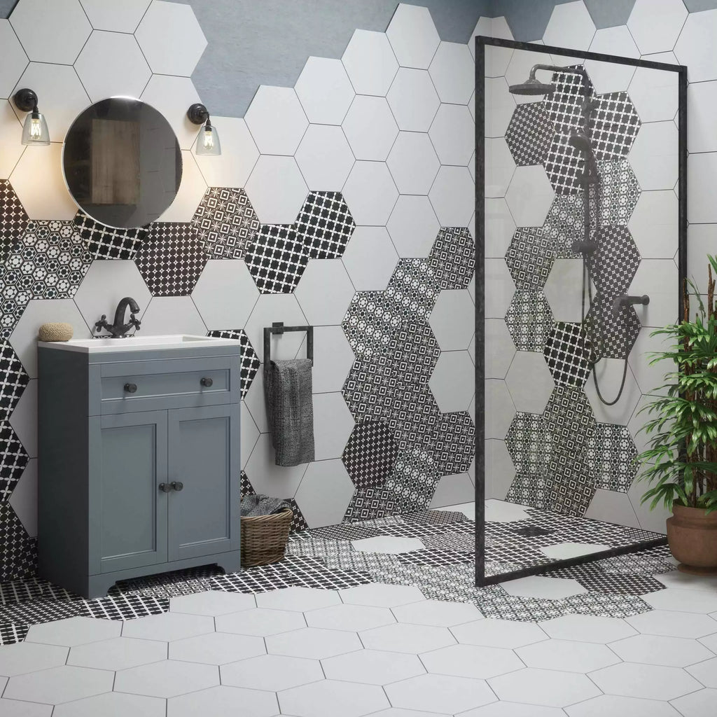 Amsterdam Matt Hexagon Monochrome Décor Pattern Wall and Floor Tile in Bathroom on Wall and Floor, and Inside Shower Enclosure, mixed with matching plain white hexagon tiles