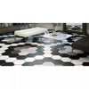 Amsterdam Matt Hexagon Pattern Decor Wall and Floor Tiles on Living Room Floor mixed with the matching plain black and white tiles