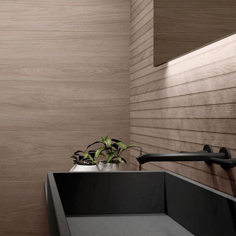 Arden XL Lined Light Blonde Wood Effect 120x60cm Ceramic Wall Tile in Bathroom