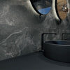 Ark Slate Deep Gris Grey Stone Effect 30x60cm Porcelain Wall and Floor Tile in Bathroom Close Up of Sink