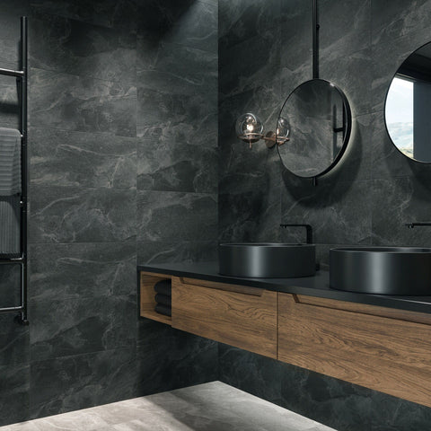 Ark Slate Deep Gris Grey Stone Effect 30x60cm Porcelain Wall and Floor Tile in Bathroom