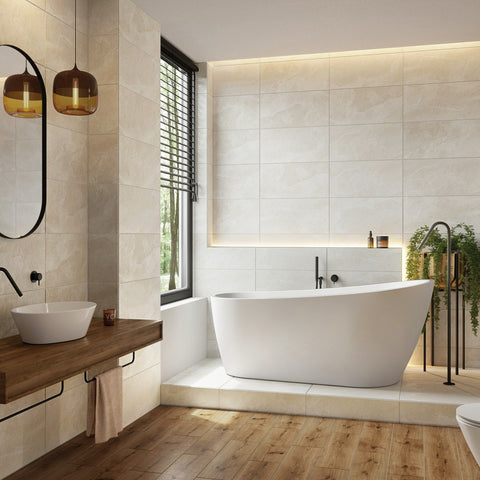 Ark Slate Ivory Honeycomb Stone Effect 30x60cm Porcelain Wall and Floor Tile in Bathroom with large bath and oak wood floors