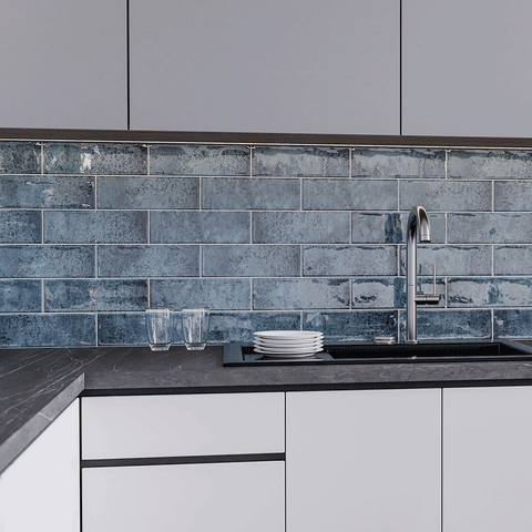 Artisan Oasis Blue Bevelled Speckle Gloss Ceramic Subway Metro 100x300mm Wall Tile on Kitchen Wall