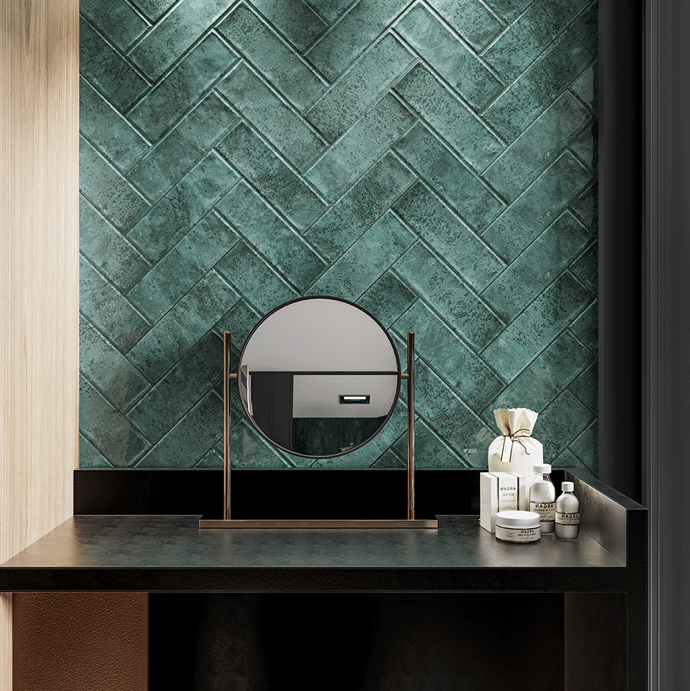 Artisan Oasis Green Bevelled Speckle Gloss Ceramic Subway Metro 100x300mm Wall Tile on Bathroom Wall