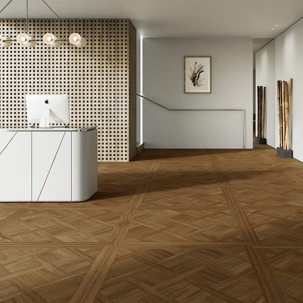 Ascot Parquet XL Dark Ebony Wood Effect 1000x1000mm Floor Tile in Reception