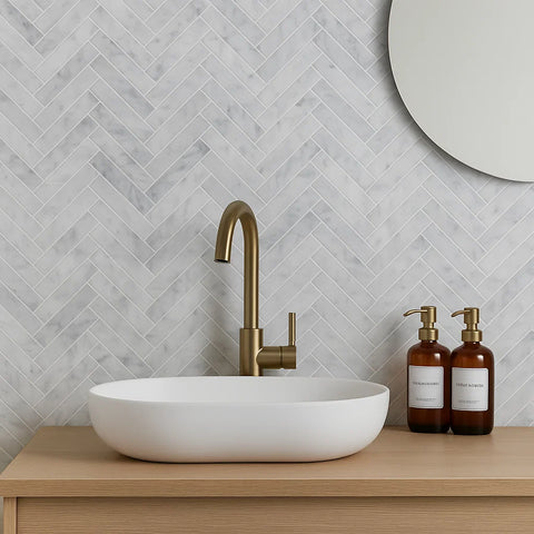 Authentic Marble White and Grey Herringbone Wall and Floor Mosaic Tile on Kitchen Wall