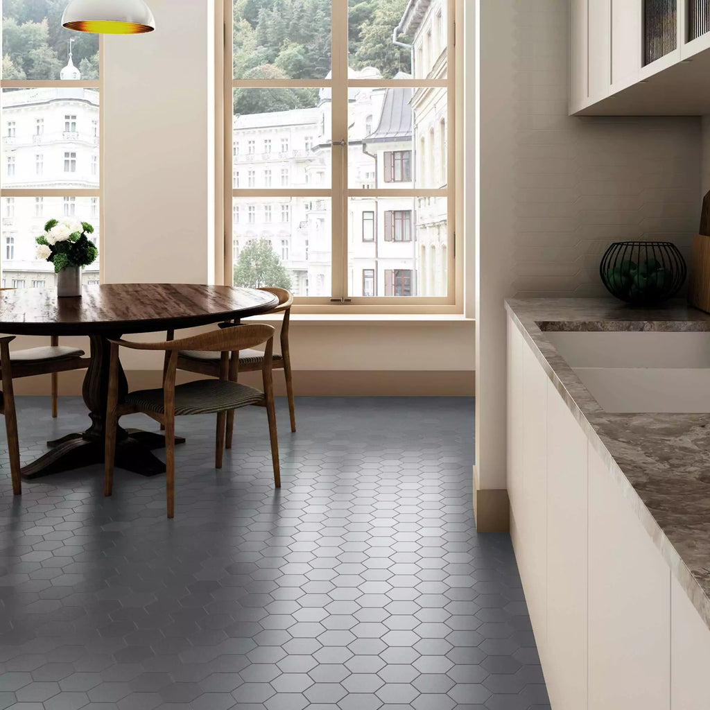 Avatar Matt Cloud Grey Hexagon Porcelain Wall and Floor Tile on Open Plan Kitchen Floor