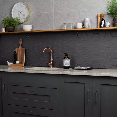 Avatar Matt Deep Black Hexagon Porcelain Wall and Floor Tile in Kitchen used as a splashback