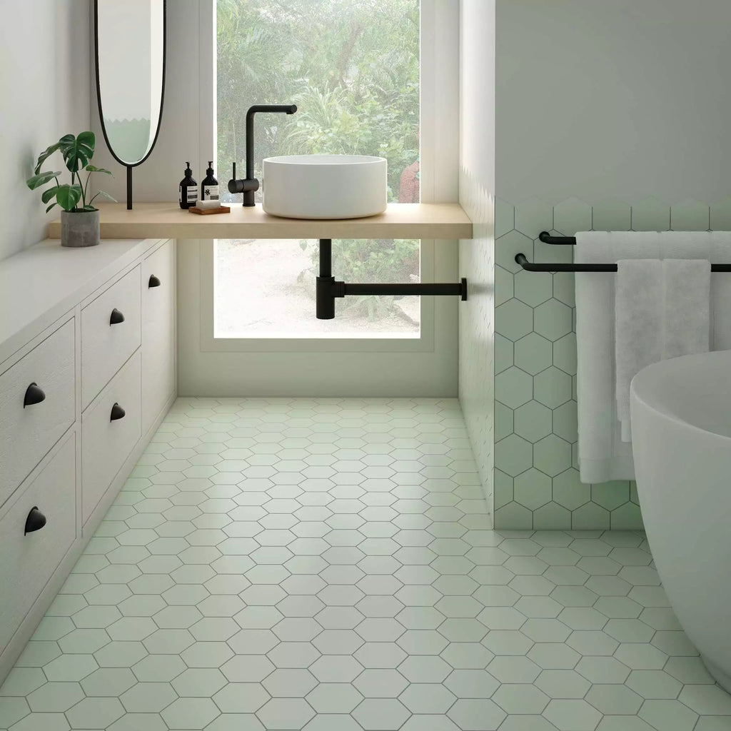 Avatar Matt Mint Green Hexagon Porcelain Wall and Floor Tile on Bathroom Floor