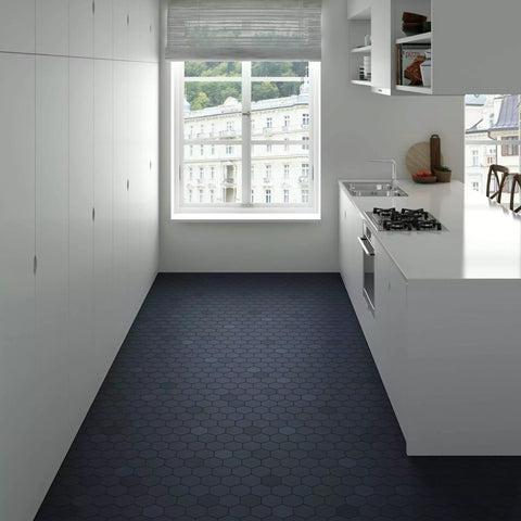 Avatar Matt Navy Blue Hexagon Porcelain Wall and Floor Tile on Kitchen Floor