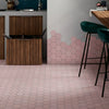 Avatar Matt Rose Pink Hexagon Porcelain Wall and Floor Tile on Kitchen Floor with a Half Wall Feature of the hexagon tiles continuing up the wall