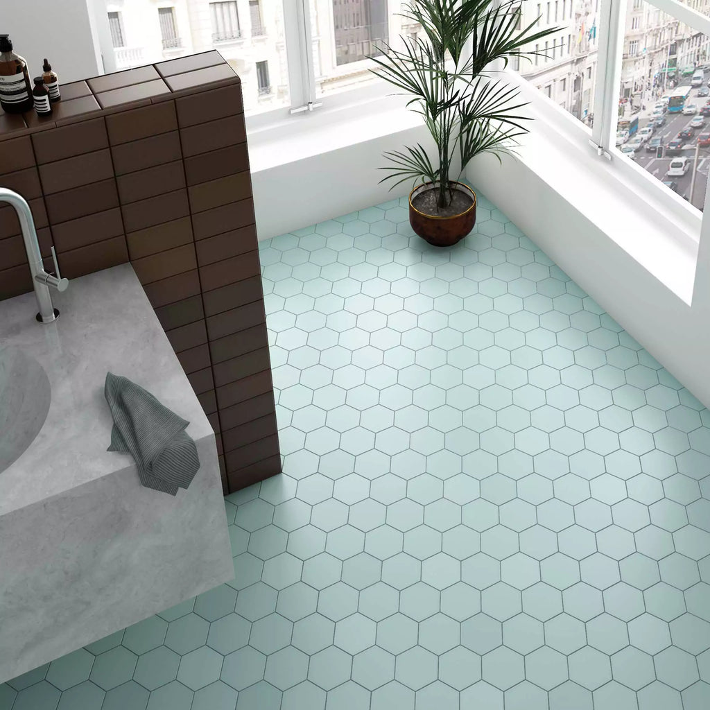 Avatar Matt Teal Blue Hexagon Porcelain Wall and Floor Tile on bathroom floor