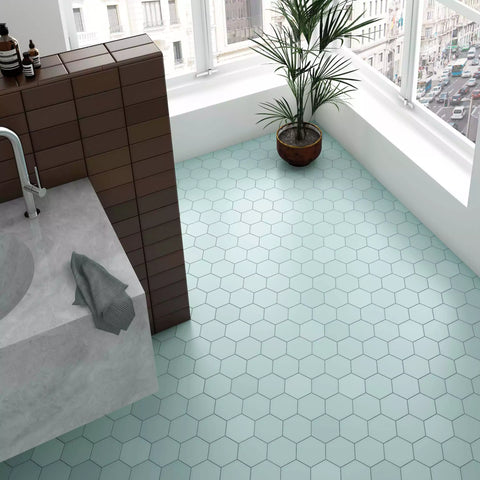 Avatar Matt Teal Blue Hexagon Porcelain Wall and Floor Tile on bathroom floor