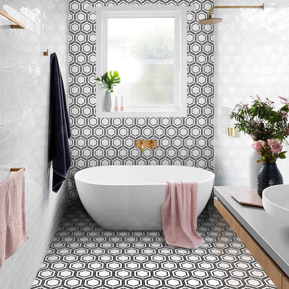 Bianco Noir Hexagon White and Black Authentic Marble Mosaic Wall and Floor 305x265mm Tile on Bathroom Wall and Floor