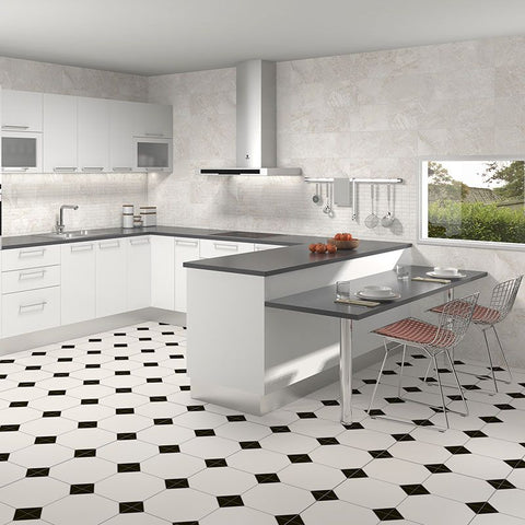 Black and White Traditional Diamond Pattern Ceramic Wall and Floor Tile on Kitchen Floor