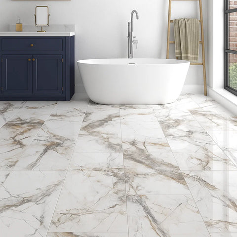 Calacatta Tempest Heavy Polished Porcelain Marble Effect  300x600mm Wall and Floor Tile on Bathroom Floor
