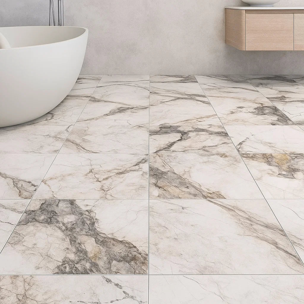 White and Grey Marble-patterned tiles in a bathroom setting with a white bathtub and wooden cabinet.