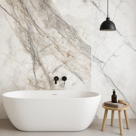 Modern bathroom with a white freestanding bathtub against a marble wall.