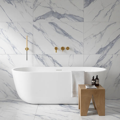 White Marble Effect Tiles with Blue and Grey Veining in Bathroom on Walls and Floor