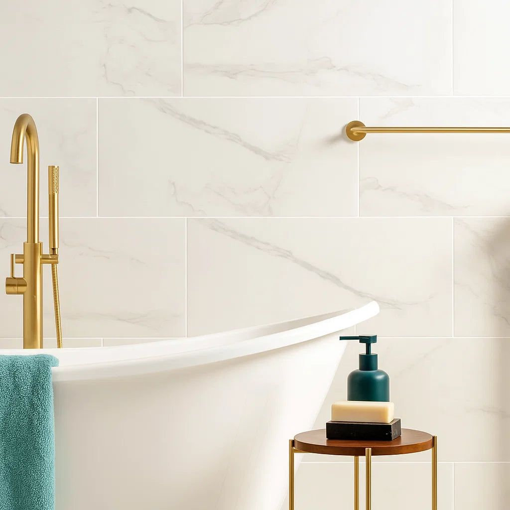 Carrara Serena Soft White Marble Effect 600x300mm Gloss Porcelain Tile ...