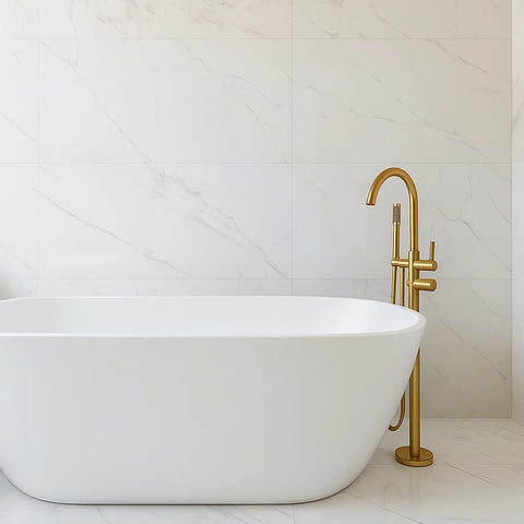 Modern Bathroom with Soft Carrara Marble Effect 60x120cm Large Format Polished Porcelain Tiles on Wall, Free standing bathtub, and Gold Shower and Tap