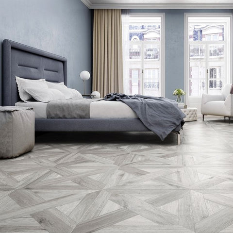 Chance Parquet Ash Grey Wood Effect 600x600mm Floor Tile in Bedroom 1