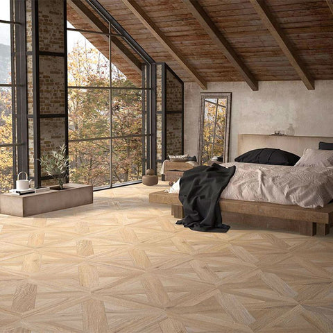 Chance Parquet Blonde Oak Wood Effect 600x600mm Floor Tile in Bedroom