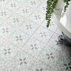 Chloe Light Green Start Soft Patterned Floor Ceramic Tile on Bathroom Floor Close Up