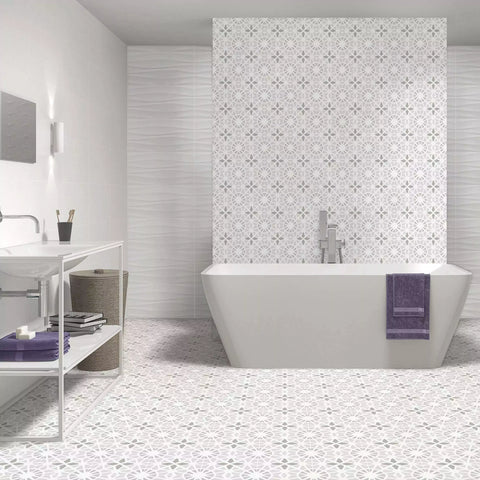 Chloe Light Grey Start Soft Patterned Floor Ceramic Tile in Bathroom on Wall and Floor