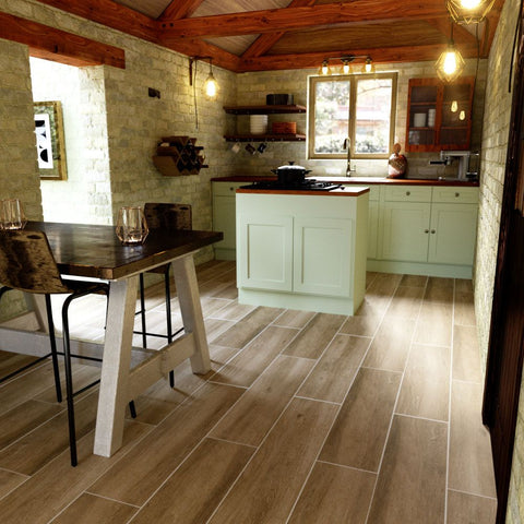 Choo Natural Brown Oak Porcelain Wood Effect 15x58cm Wall and Floor Tile in Kitchen