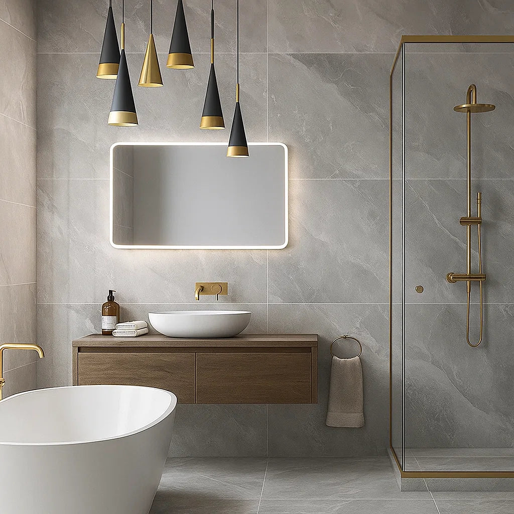 Modern bathroom with grey onyx stone effect tiles, wooden vanity, and freestanding bathtub.