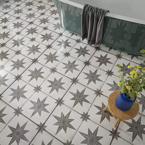 Compass Black and White Pattern Floor Ceramic Tile on Bathroom Floor