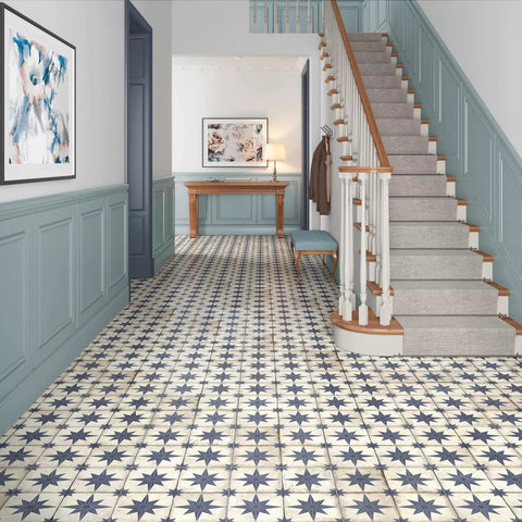 Compass Blue and White Pattern Floor Ceramic Tile on Hallway Floor