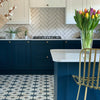Compass Blue and White Pattern Floor Ceramic Tile on Kitchen Floor