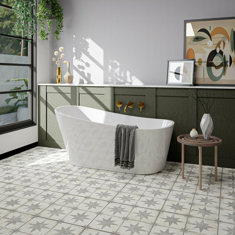 Compass Grey and White Pattern Floor Ceramic Tile on Bathroom Floor