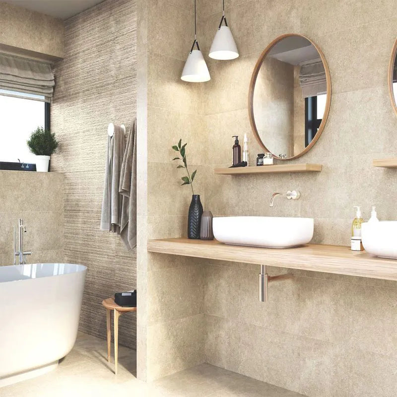 Creama Marfil Beige Matt Stone Effect Ceramic Wall 300x600mm Tile on Bathroom Wall